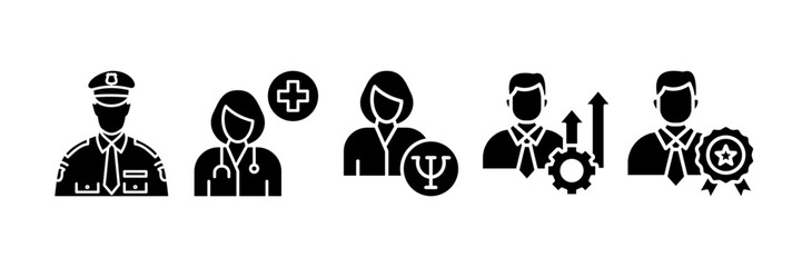 Mature Professional Icon Set, Containing design Security Guard, Doctor, Psychologist, Professional Development, Professional Success