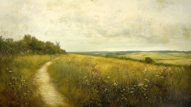 Serene Summer Countryside Path, Impressionistic Oil Painting, Pastoral Landscape, Tranquil Mood