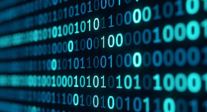 Abstract Digital Data Stream with Glowing Binary Code Patterns on a Dark Background