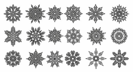 Snowflake Line Icon Set – Mandala Style Winter Patterns and Teardrop, Diamond Elements for Christmas & New Year Vector Illustration

