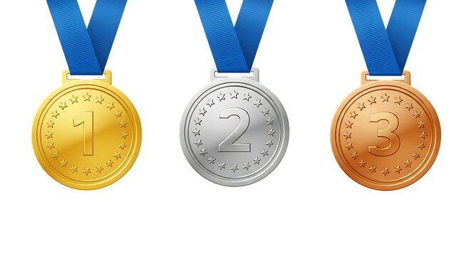 Three medals gold silver and bronze hang with blue ribbons representing first second and third place achievements isolated on transparent background