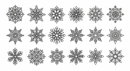 Snowflake Line Icon Set – Mandala Style Winter Patterns and Teardrop, Diamond Elements for Christmas & New Year Vector Illustration

