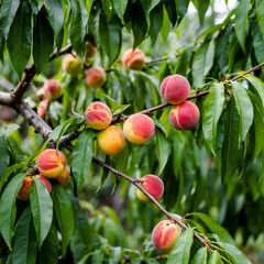 Ripe peaches clustered on a branch amidst lush green leaves