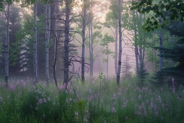 Obraz premium Misty forest scene with birch trees, fir trees, tall grass, and purple flowers in the foreground. Light shines through the trees.