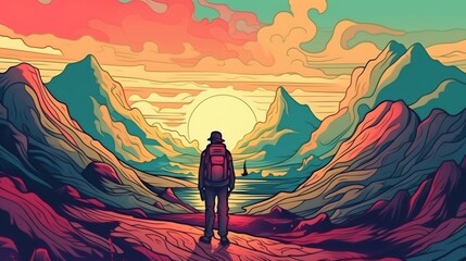 Hiker admiring beautiful sunset over lake and mountains