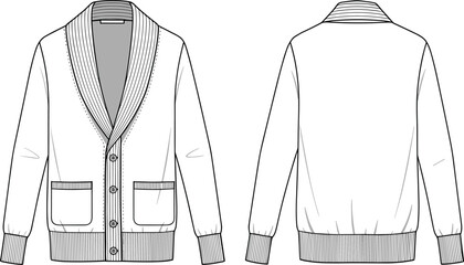 Shawl collar cardigan front and back view, buttoned design, patch pockets, knit cuffs and hem, casual fashion CAD drawing vector illustration