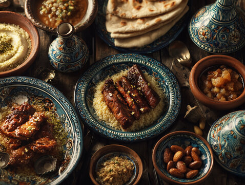 Traditional iftar meal with Middle Eastern dishes