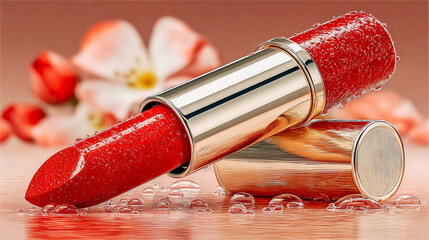A vibrant red lipstick with a glittery finish rests on a reflective surface. Surrounding it are delicate pink flowers and droplets of water, creating a fresh, elegant look.