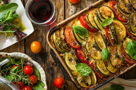 Overhead shot of vegetable tian in baking dish, side salads, and wine on a wood table. Warm colors dominate. - Powered by Adobe