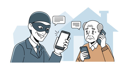 Phone scam is a growing threat. Phone scam illustrating elderly man as victim of online fraud on his mobile phone,