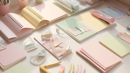Pastel colored notebooks, stationery and supplies decorating a white desk