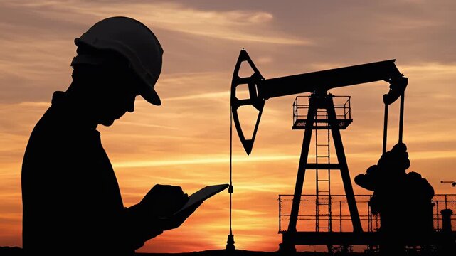 Worker using digital tablet at oil field pump jack during sunset