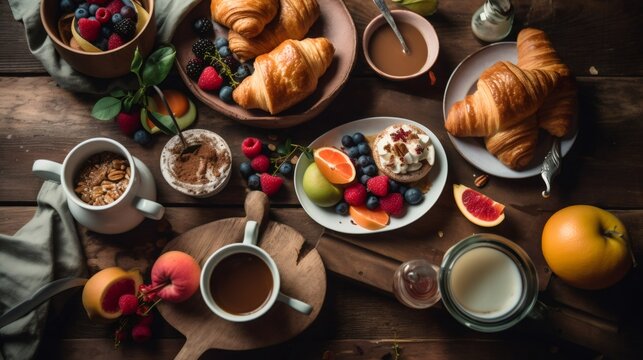 Delicious breakfast table setting with pastries, fruits and coffee