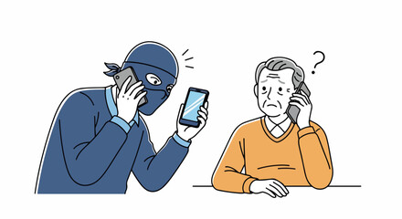 Phone scam illustration depicting a masked thief calling elderly man on cellphone, asking for sensitive data. Phone scam operation includes stealing personal data, bank accounts, and passwords,