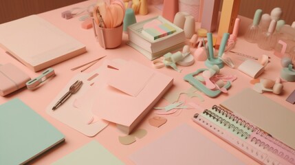 Pastel colored stationery products lying on a pink desk creating a creative workspace