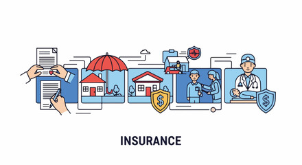 Insurance services on banner with house, car, and doctor for banner insurance ad. Insurance is very important to cover house, vehicle, health of family.