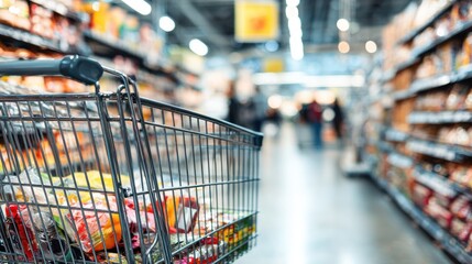 Supermarket shopping cart filled with groceries. Blurred aisle with shelves and people