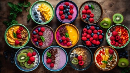 Fototapeta premium Colorful smoothie bowls with fresh berries, mango, kiwi, granola and chia seeds, creating a vibrant and healthy breakfast spread