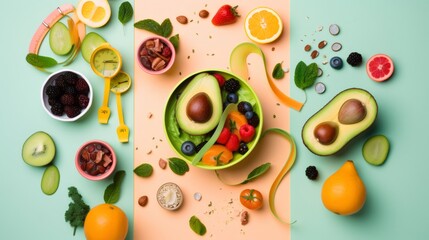 Colorful flat lay of healthy food promoting balanced diet and weight management