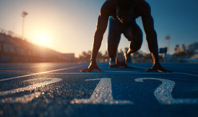 Sprinter at Starting Line in Golden Hour, An athlete prepares to sprint at the starting line during sunrise, capturing the intensity, focus, and energy of competitive track and field.