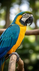 Obraz premium Close-up of a vibrant blue and yellow macaw perched on a branch.