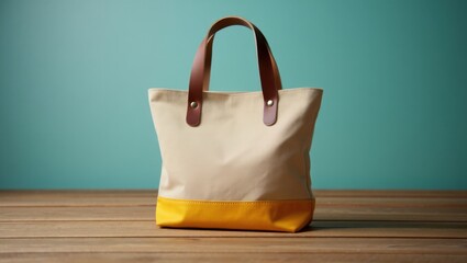 Stylish Canvas Tote Bag with Leather Handles on Wooden Surface