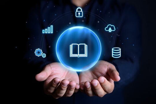 Hand holding of global digital network connection, online education platform virtual classroom interactive learning modules, seamless communication accessibility knowledge sharing skill development.