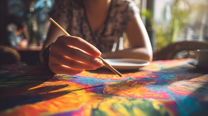 Obraz premium A person painting on a vibrant, colorful surface, showcasing creativity and artistic expression in a relaxed setting.