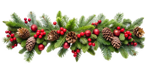 Photo of a horizontal christmas garland crafted from fir branches pinecones vibrant red berries and shiny red ornaments isolated on white isolated on transparent background