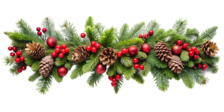 Photo of a horizontal christmas garland crafted from fir branches pinecones vibrant red berries and shiny red ornaments isolated on white isolated on transparent background