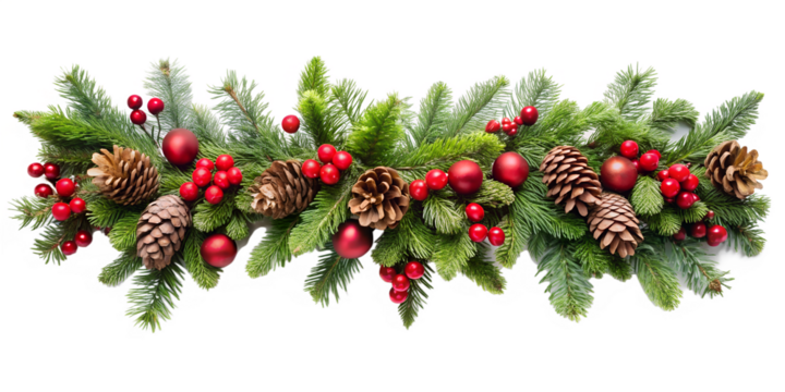 Photo of a horizontal christmas garland crafted from fir branches pinecones vibrant red berries and shiny red ornaments isolated on white isolated on transparent background - Powered by Adobe