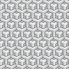 A seamless 3D illusion pattern with embossed effects and soft shadows creates a futuristic and elegant look. The monochrome gray color provides a modern and minimalist feel.