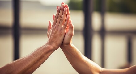 Sweaty hands high-fiving after an intense fitness training session in the gym
