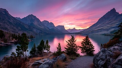 The panoramic view of Montana Glacier National Park, with vast mountain vistas, serene lakes, and a striking blend of colors at sunset.
