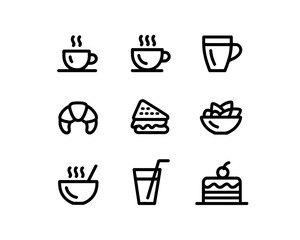 Collection of food and drink icons silhouette isolated on white background