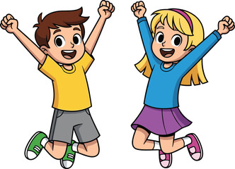 PrintHappy cartoon children jumping with joy, smiling boy and girl celebrating, energetic kids in colorful clothes, fun childhood moment