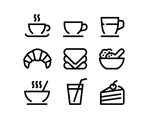 Collection of food and drink icons silhouette isolated on white background