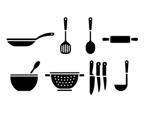 Collection of kitchen utensils and cooking tools silhouette isolated on white background