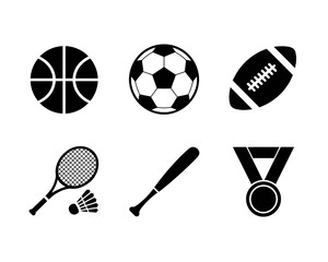 Collection of sports equipment and a medal silhouette isolated on white background