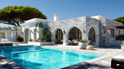 swimming pool outside a luxury white stone villa