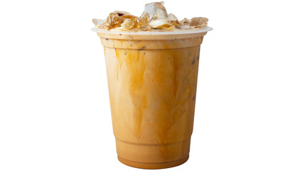 iced caramel coffee with swirling milk and espresso
cold brew coffee in plastic cup with caramel drizzle
sweet milky iced latte with bold espresso layers