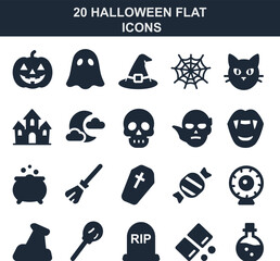 A set of 20 flat Halloween-themed icons in black solid vector style. Includes pumpkin, ghost, vampire, candy, witch hat, and other spooky elements perfect for UI, apps, party posters, web, and social 