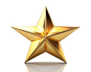 Photo of a gleaming metallic golden fivepointed star isolated on a clean transparent background with a soft reflection