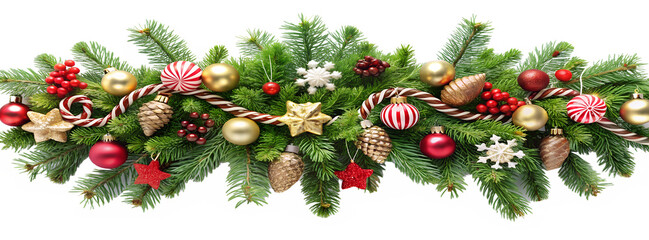 Photo of festive christmas garland with pine branches red and gold ornaments pinecones berries and candy canes isolated on white isolated on transparent background