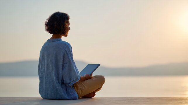 Young woman enjoying a serene sunset view by the sea while using a tablet, fully embracing the work and travel lifestyle as a digital nomad and remote worker