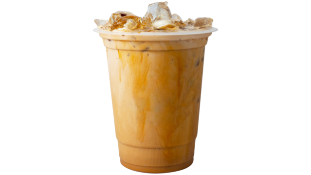iced caramel coffee with swirling milk and espresso
cold brew coffee in plastic cup with caramel drizzle
sweet milky iced latte with bold espresso layers