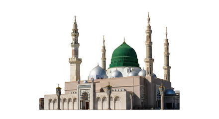 Green dome mosque with minarets isolated on transparent background