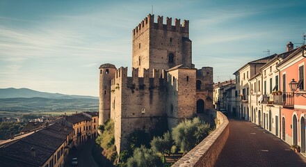 A medieval fortress stands tall overlooking a charming village street.