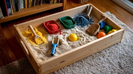 Wooden sensory bin filled with sand and colored play materials.