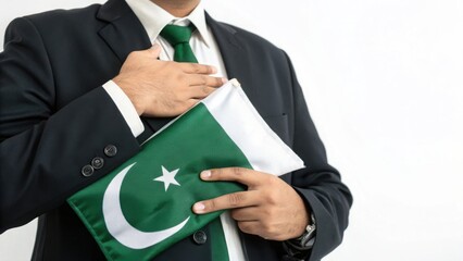A proud man with Pakistan flag pledging allegiance to his nation in patriotic fervor in a bright